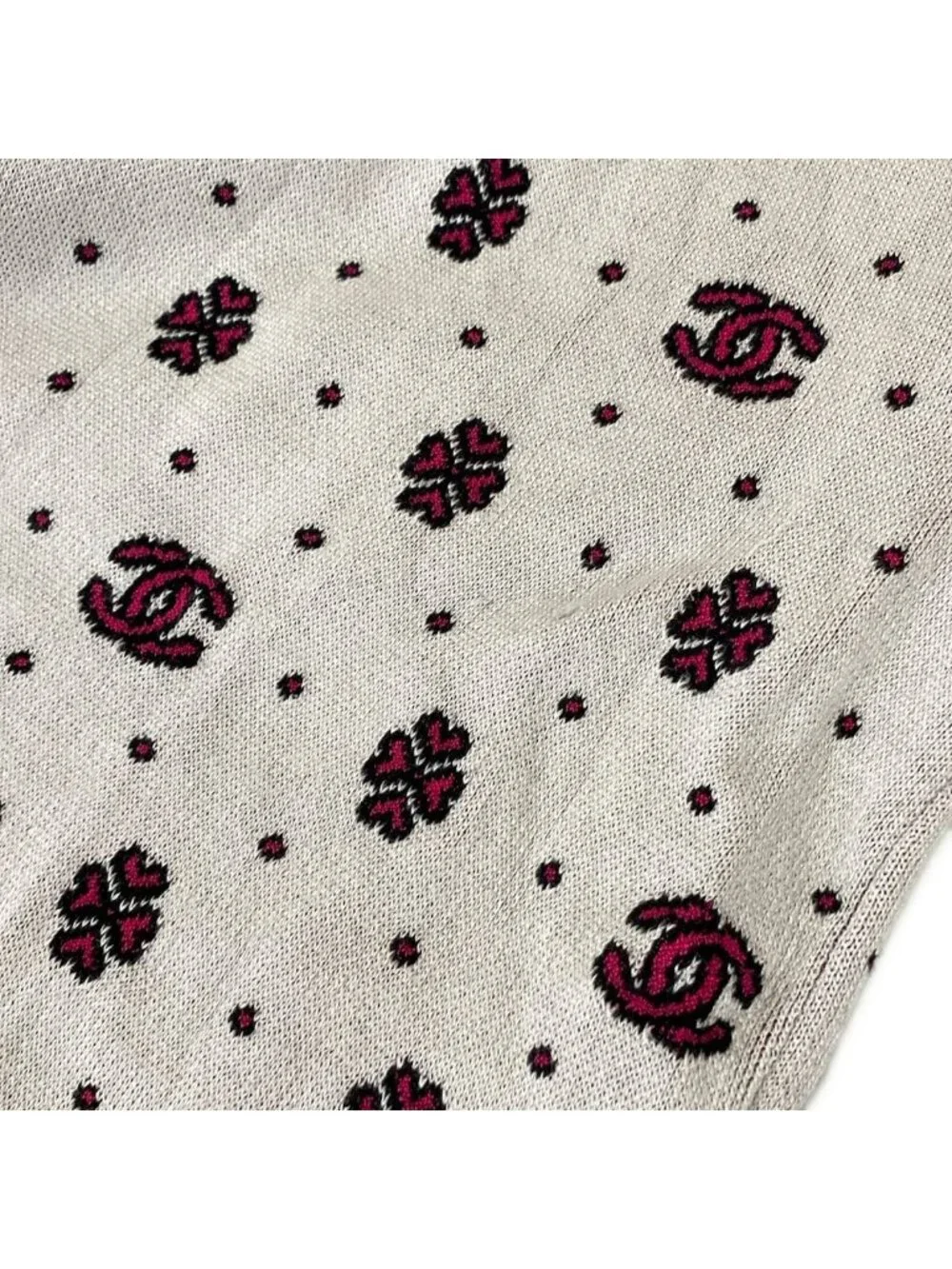 Chanel Long Sleeve Sweater 34 White Pink CC Logo Half Zip Clover Cotton Silk